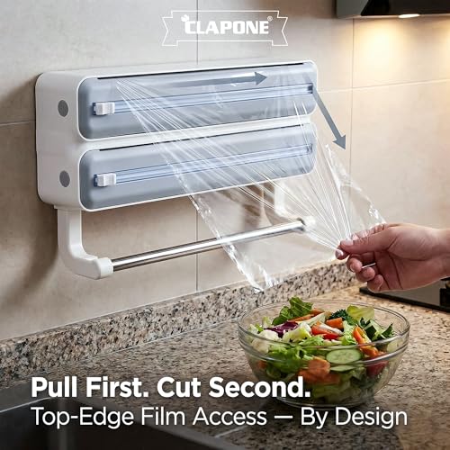 CLAPONE Wrap Organizer with Cutter Plastic Wrap Dispenser 3 in 1 Compatible with Cling Film Paper Towel Holder/Tin Foil and Roti Paper Cutter/Aluminum Foil/Butter Paper/Roti Wrap/Food Wrap Roll-Grey - Image 3