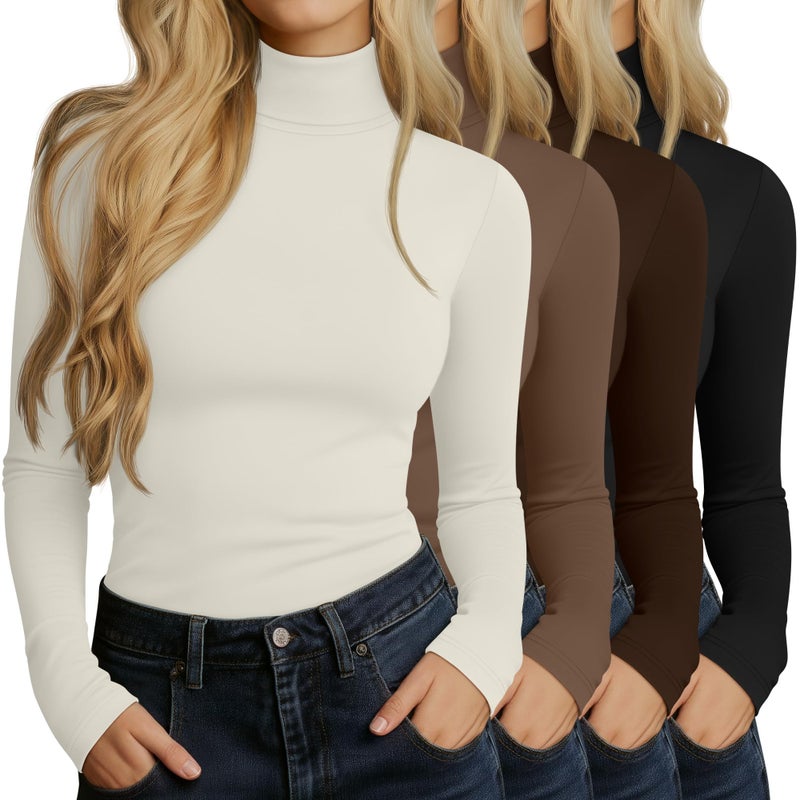 Huukeay 4 Packs Womens Turtleneck Tops Long Sleeve Shirts Mock Turtleneck Basic Tees Lightweight Slim Fit Casual UndershirtCream Brown Coffee BlackMedium - Image 2