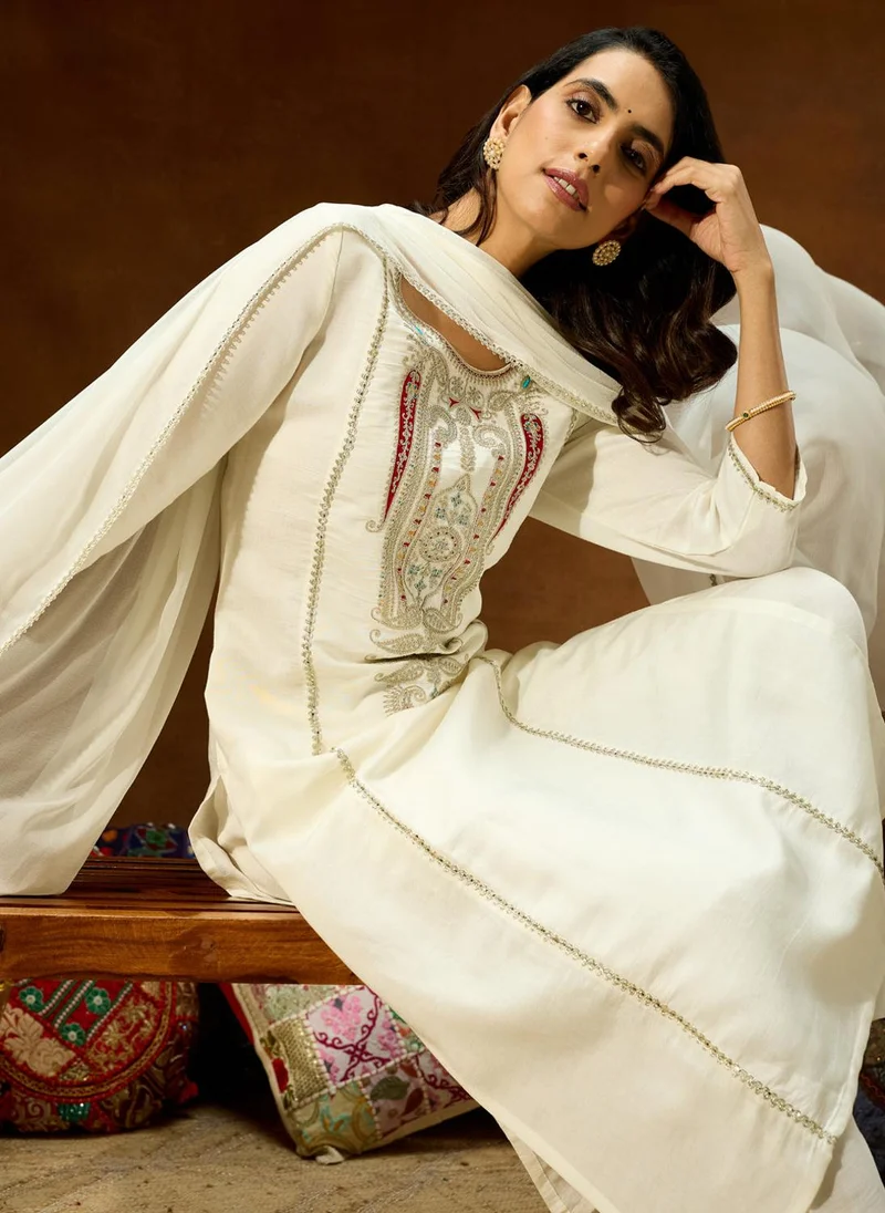 ZERESOUQ White Silk Blend Embroidered 3-Piece Kurta Set