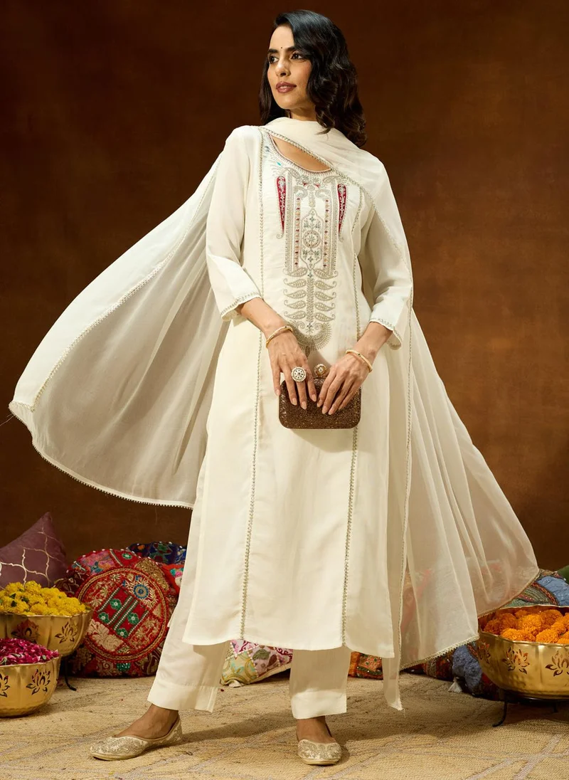 White Silk Blend Embroidered 3-Piece Kurta Set