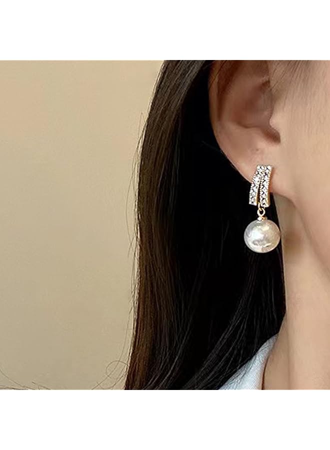 إيروريكس مجموعة أقراط متدلية من اللؤلؤ الأبيض العذب مطلية بالذهب من الفضة الإسترلينية عيار 925 أقراط متدلية من اللؤلؤ للنساء - Image 5