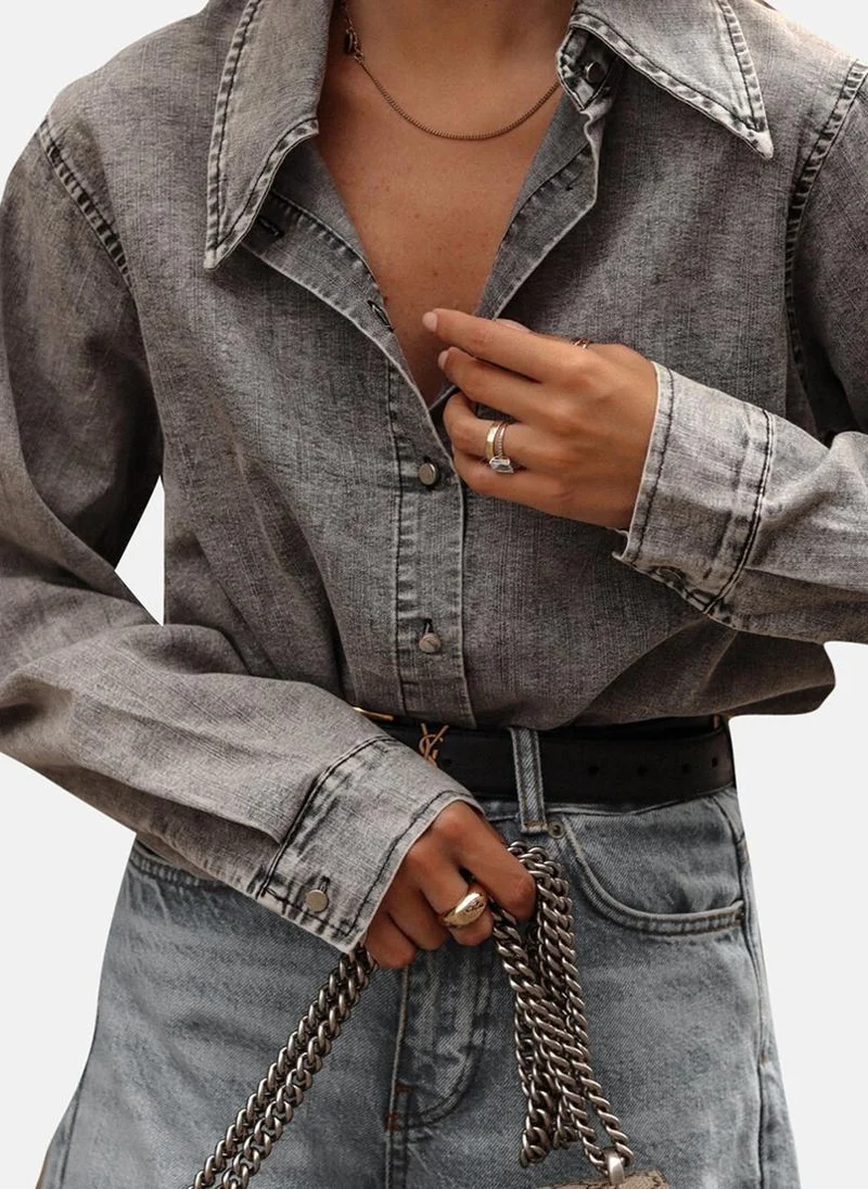 يونيكي Grey Relaxed Fit Spread Collar Long Sleeves Shirts