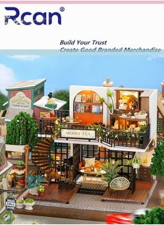 Rcan 3D Wooden House Kit, DIY Dollhouse, Hands Craft Miniature Model Craft Kit with Dust Cover LED House Furniture for Boys Girls Children Creative Birthday Gift, Jungle Momo Tea  - Image 2