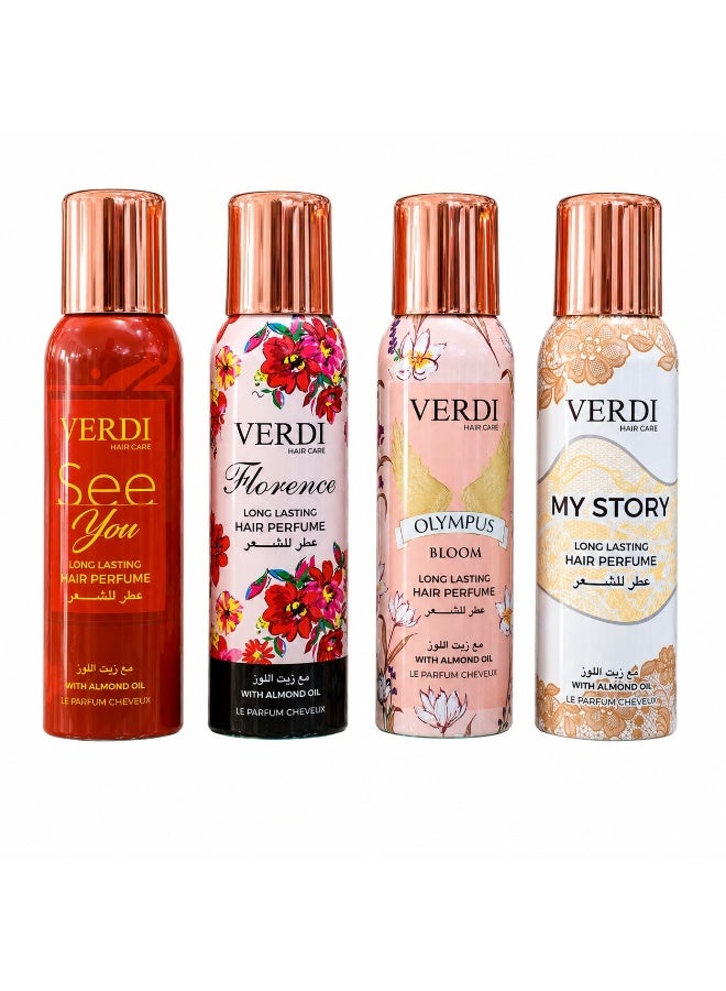 فيردي مجموعة عطر شعر بزيت اللوز 4 قطع × 100 مل – بخاخ عطر شعر طويل الثبات بروائح متنوعة – معطر شعر يمنح رائحة فاخرة وانتعاشًا يوميًا - Image 1
