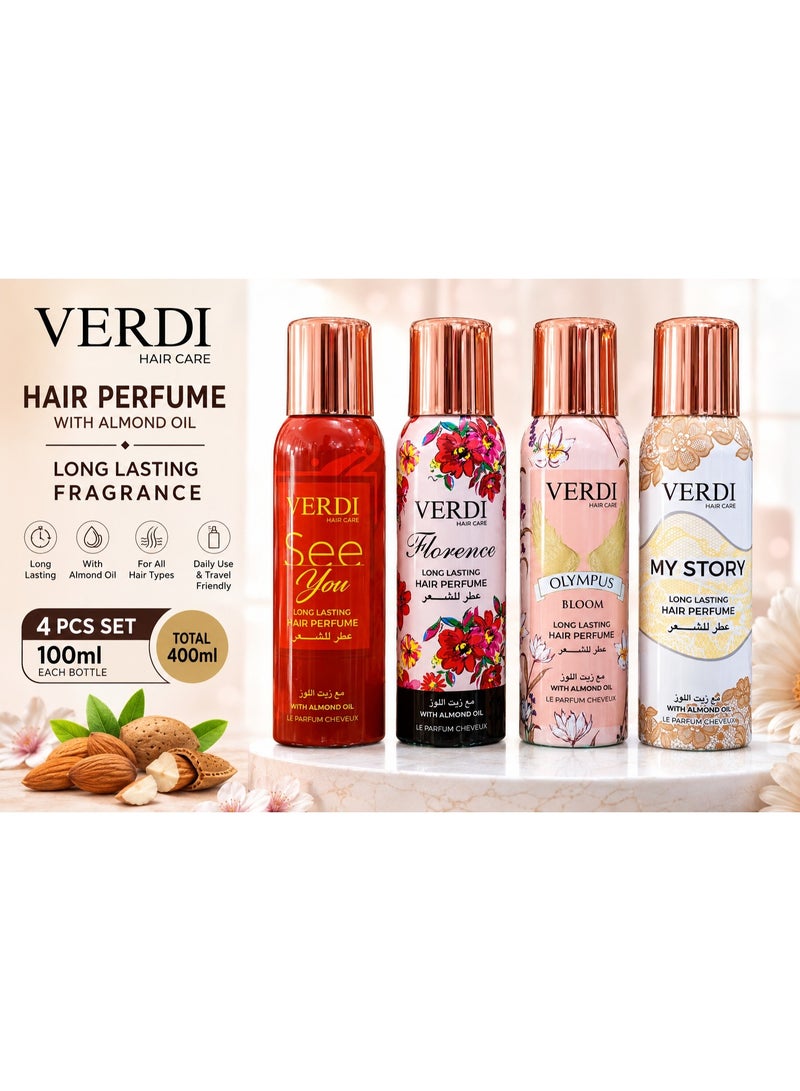 فيردي مجموعة عطر شعر بزيت اللوز 4 قطع × 100 مل – بخاخ عطر شعر طويل الثبات بروائح متنوعة – معطر شعر يمنح رائحة فاخرة وانتعاشًا يوميًا - Image 2