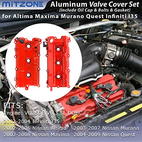 MITZONE غطاء صمامات ألمنيوم MITZONE المحسن الأمامي والخلفي متوافق مع نيسان ألتيما 2002-2009، ماكسيما، مورانو، كويست، إنفينيتي i35 VQ35DE 3.5L (أحمر) - Image 3