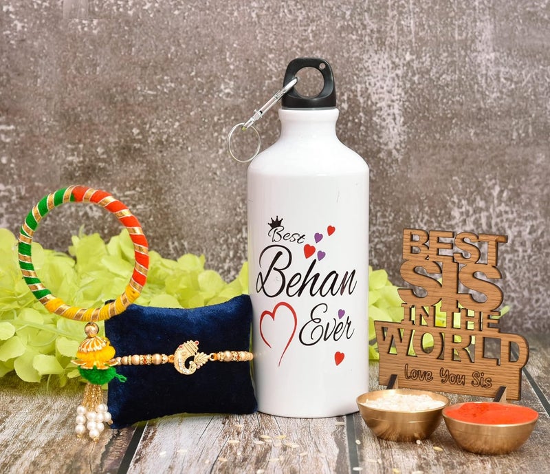 Pride Store Pride Store Rakhi Combo Rakhi Gift for Sister Best Behen Ever Sipper Bottle Best Sis in The World Wooden Showpiece Greeting card comes with Roli and Chawal Rakhi Gift  - Image 2