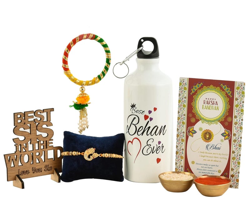 Pride Store Pride Store Rakhi Combo Rakhi Gift for Sister Best Behen Ever Sipper Bottle Best Sis in The World Wooden Showpiece Greeting card comes with Roli and Chawal Rakhi Gift  - Image 1