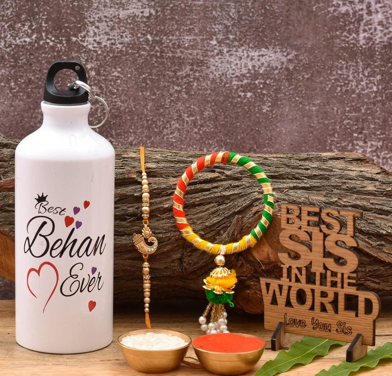 Pride Store Pride Store Rakhi Combo Rakhi Gift for Sister Best Behen Ever Sipper Bottle Best Sis in The World Wooden Showpiece Greeting card comes with Roli and Chawal Rakhi Gift  - Image 3