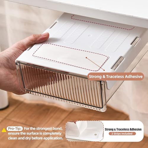 TooCust 2Pcs Under Desk Storage Drawers Slide Out,Large&Medium,Stick On Drawers,Under Desk Organizer Hidden Under Table Drawer for Home Office School Organization and Storage-Clear White - Image 2