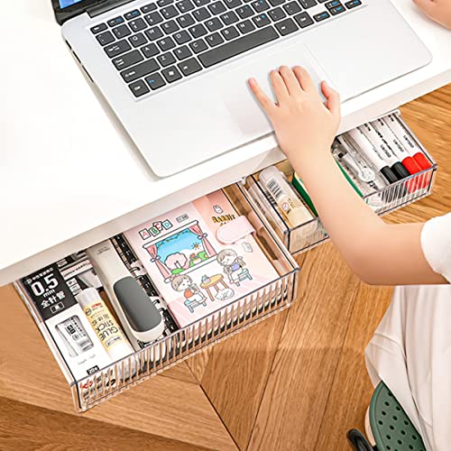 TooCust 2Pcs Under Desk Storage Drawers Slide Out,Large&Medium,Stick On Drawers,Under Desk Organizer Hidden Under Table Drawer for Home Office School Organization and Storage-Clear White - Image 1