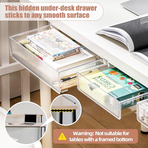 TooCust 2Pcs Under Desk Storage Drawers Slide Out,Large&Medium,Stick On Drawers,Under Desk Organizer Hidden Under Table Drawer for Home Office School Organization and Storage-Clear White - Image 4