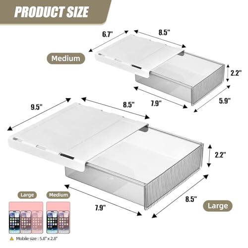 TooCust 2Pcs Under Desk Storage Drawers Slide Out,Large&Medium,Stick On Drawers,Under Desk Organizer Hidden Under Table Drawer for Home Office School Organization and Storage-Clear White - Image 5
