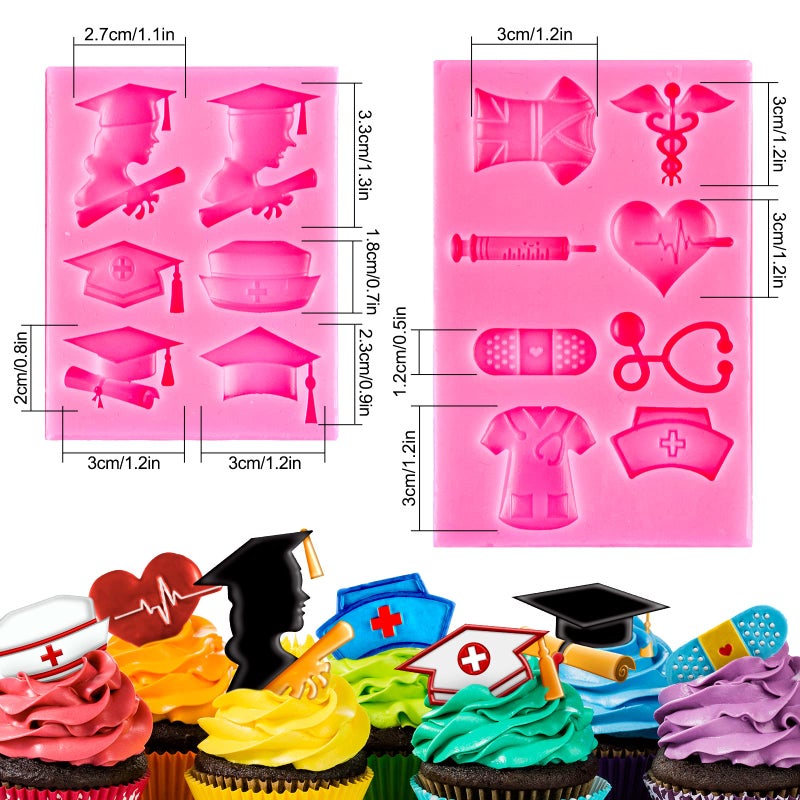 Whaline 2 Pack Nurse Graduation Themed Fondant Molds Silicone Doctor Nurse Grad Hat Medical Equipment Candy Mould Congrats Grad Chocolate Baking Resin Mold for Cupcake Cake Topper Decoration - Image 2