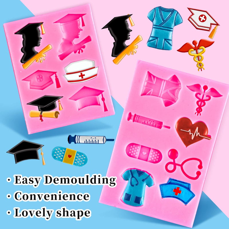 Whaline 2 Pack Nurse Graduation Themed Fondant Molds Silicone Doctor Nurse Grad Hat Medical Equipment Candy Mould Congrats Grad Chocolate Baking Resin Mold for Cupcake Cake Topper Decoration - Image 3