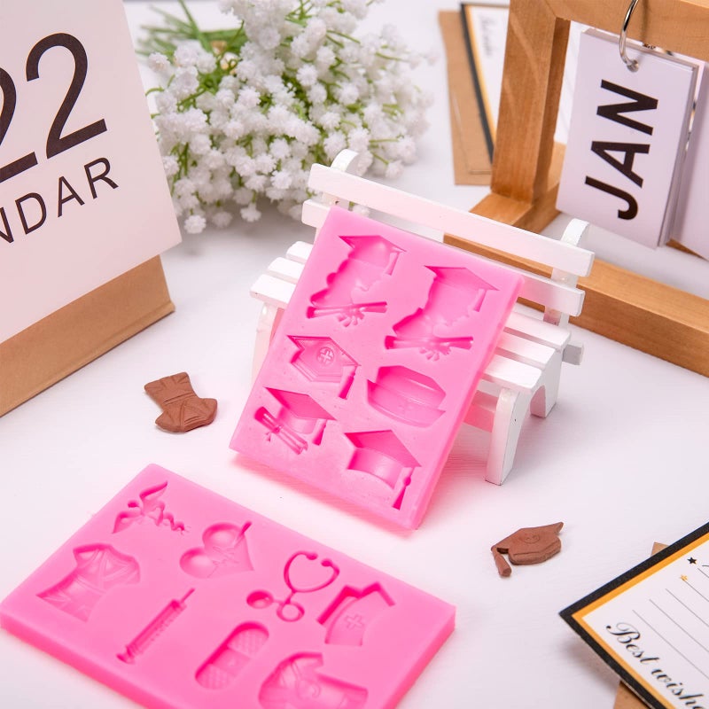 Whaline 2 Pack Nurse Graduation Themed Fondant Molds Silicone Doctor Nurse Grad Hat Medical Equipment Candy Mould Congrats Grad Chocolate Baking Resin Mold for Cupcake Cake Topper Decoration - Image 5