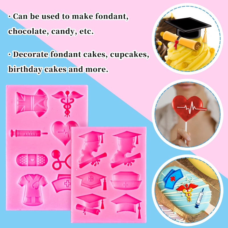 Whaline 2 Pack Nurse Graduation Themed Fondant Molds Silicone Doctor Nurse Grad Hat Medical Equipment Candy Mould Congrats Grad Chocolate Baking Resin Mold for Cupcake Cake Topper Decoration - Image 4