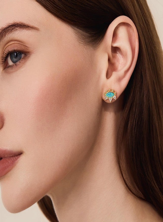 Cicy Bell Womens 18k Gold Plated Stud Earrings Evil Eye Crown Trendy Cubic Zirconia Opal Dainty Flat Back Earrings Jewelry Gifts for Friends - Image 2