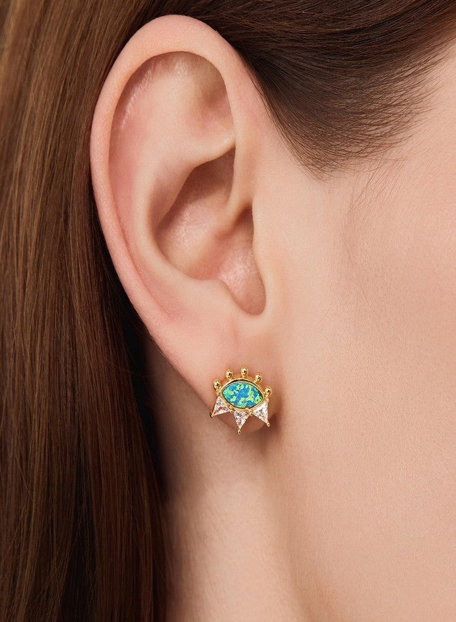 Cicy Bell Womens 18k Gold Plated Stud Earrings Evil Eye Crown Trendy Cubic Zirconia Opal Dainty Flat Back Earrings Jewelry Gifts for Friends - Image 3