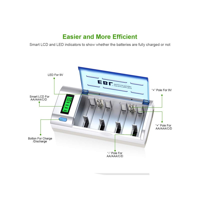 EBL 906 Smart Charger for AA AAA C D 9V Rechargeable Batteries with 4 Pieces 5000mAh C Rechargeable Batteries - Image 2
