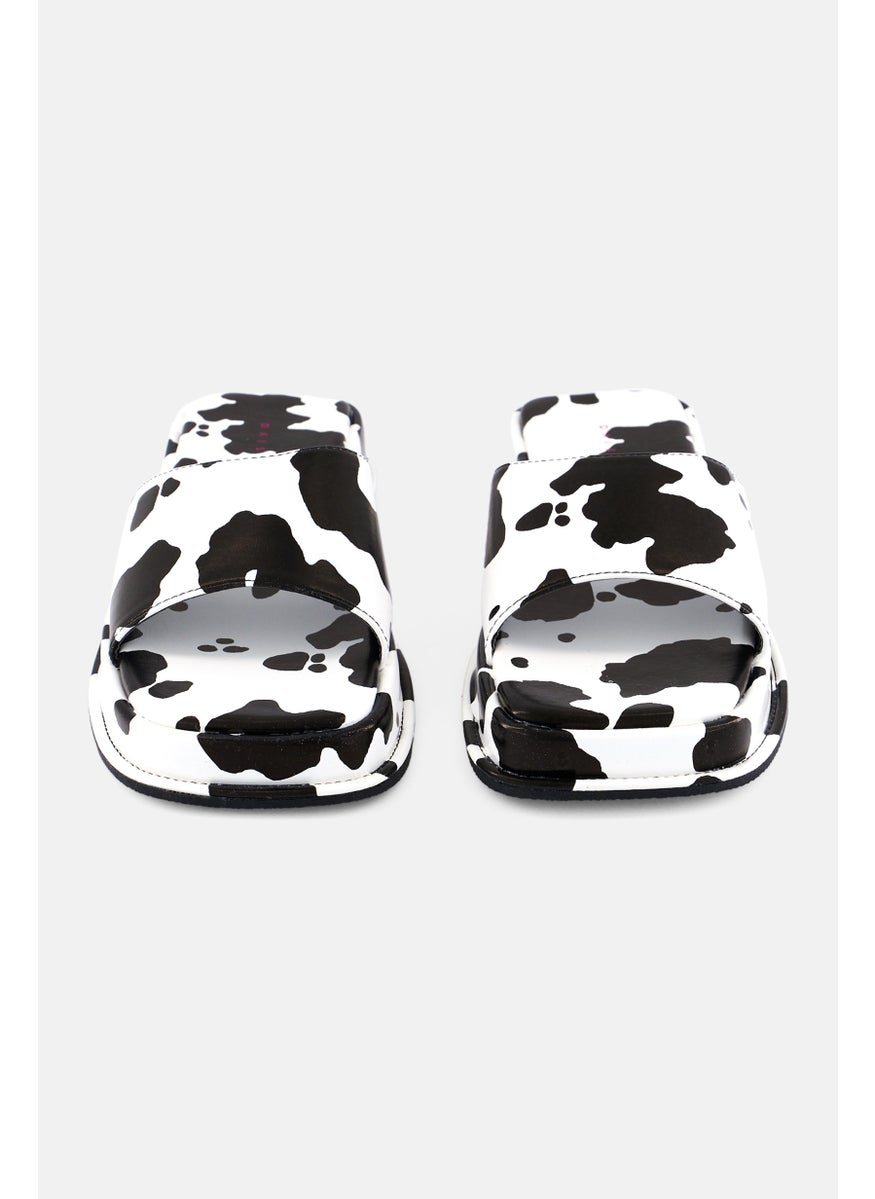 Daisy Street Women Square Toe Slip On Cow Print Sandals, White  - Image 4