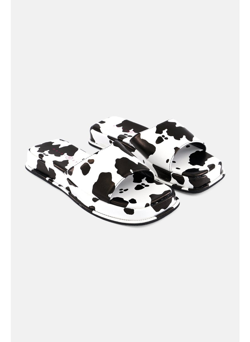 Daisy Street Women Square Toe Slip On Cow Print Sandals, White  - Image 1