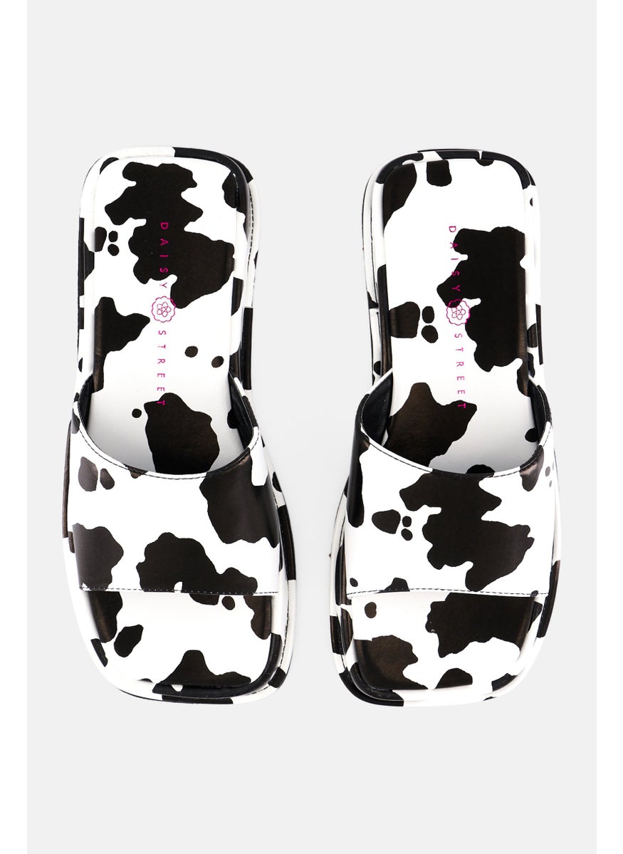 Daisy Street Women Square Toe Slip On Cow Print Sandals, White  - Image 3