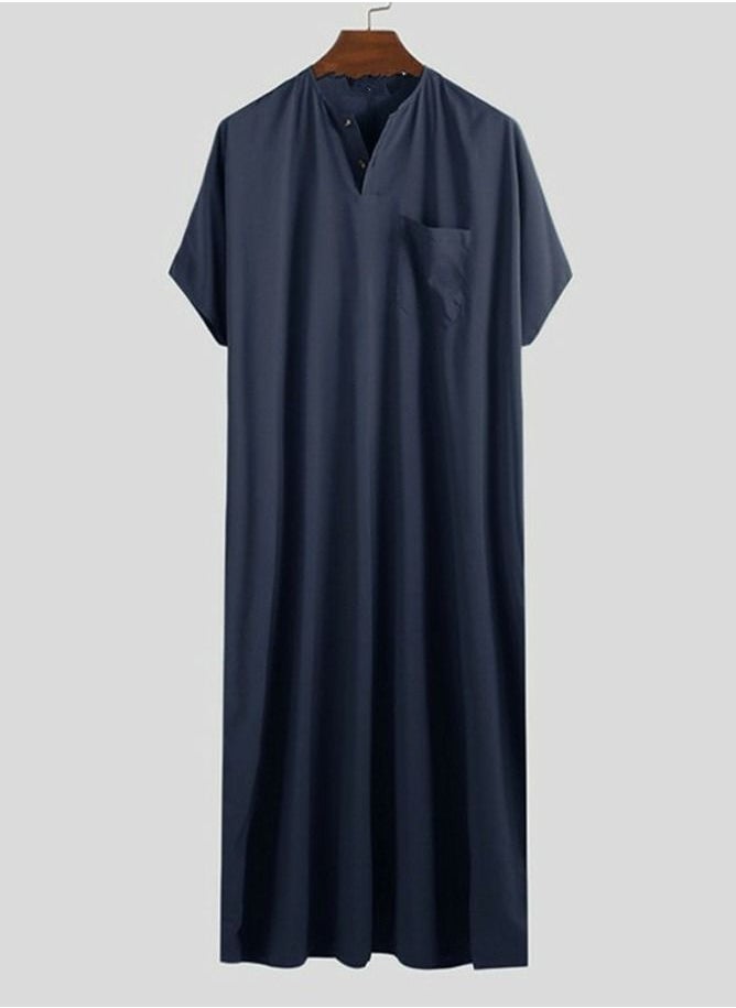 Loquat - Men's Muslim Solid Color Loose Robe Thobe Short Sleeve Side Split Kaftan Navy Blue - Image 1