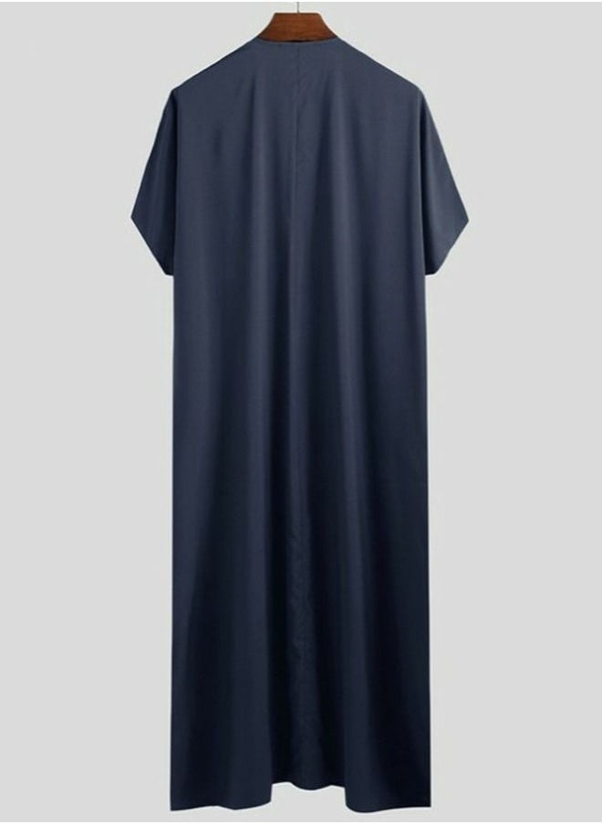 Loquat - Men's Muslim Solid Color Loose Robe Thobe Short Sleeve Side Split Kaftan Navy Blue - Image 1