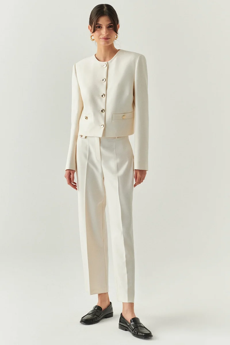 EXQUISE Regular High-Waisted Cream Woven Pants with Pockets