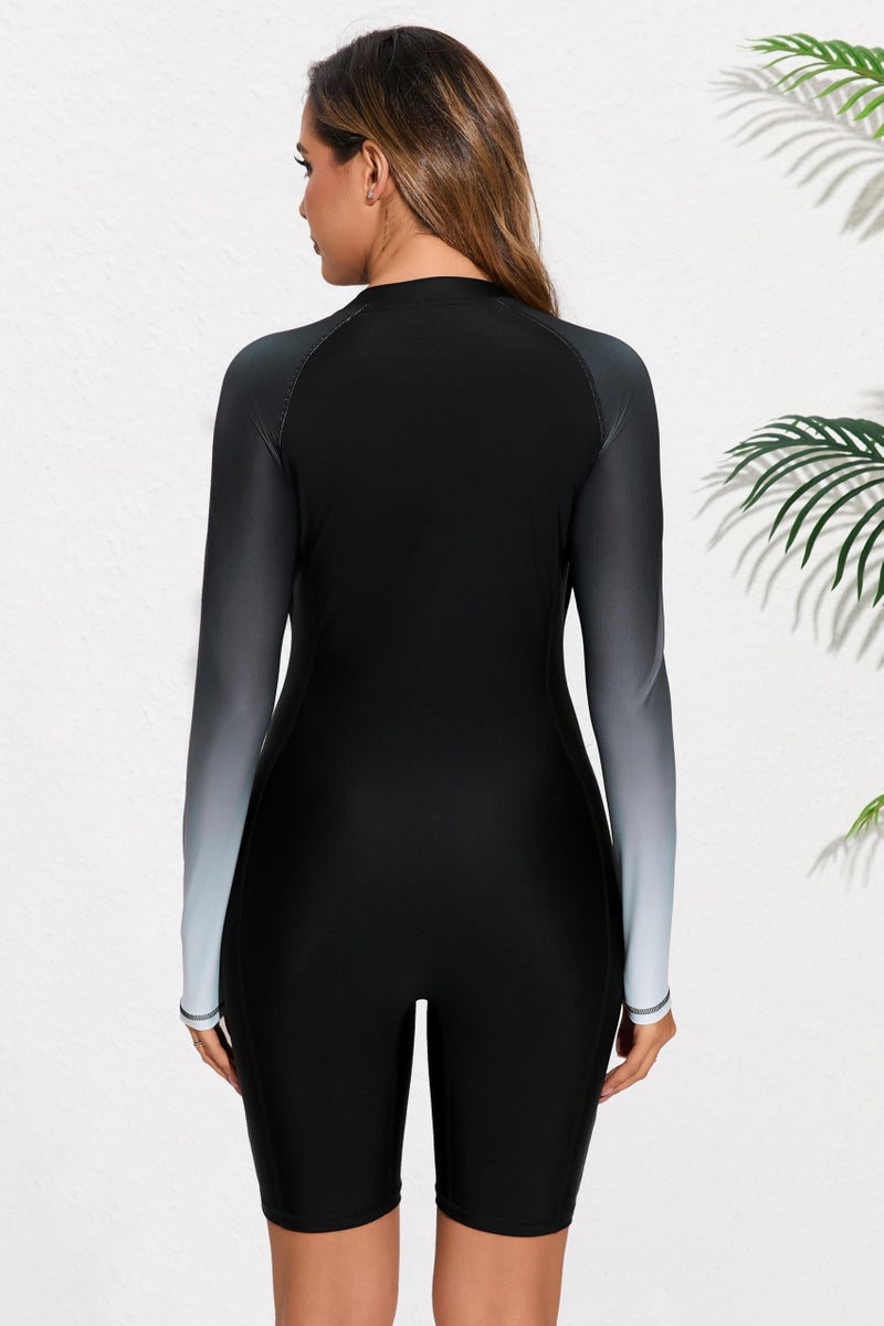 Halcurt Women's Boyleg One Piece Rash Guard with Built in Bra Zip Front UPF50+ Long Sleeve Full Body Surfing Swimsuit Black Ombre Gray Black S - Image 2