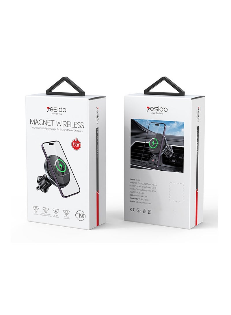 Yesido C190 Magnetic Wireless 15W Fast Charging Charger Phone Holder Phone Holder For iPhone - Black