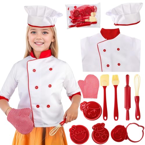 Noamus 11 Pcs Kid Chef Role Play Costume Set Pretend Chef Outfit with Realistic Accessories Kitchen Toys Kid Cooking DressUp Set Chef Supplies Role Play Gifts for Boy Girl Ages 3 Halloween - Image 1