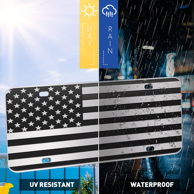 WYHCauto American Flag License Plate, Black Decoration Front Flag License Plates with 4 Holes, Aluminum Metal 3D Embossed US License Plate with Screws Caps, 6 * 12 inches Car Decor Accessory - Image 2