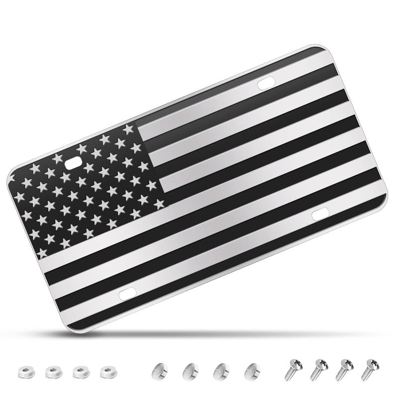 WYHCauto American Flag License Plate, Black Decoration Front Flag License Plates with 4 Holes, Aluminum Metal 3D Embossed US License Plate with Screws Caps, 6 * 12 inches Car Decor Accessory - Image 1