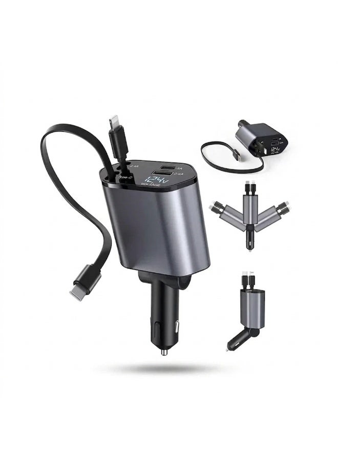 شاحن سيارة فائق السرعة 4 في 1 - محول شحن سريع بقوة 120 واط بمنفذ USB ومنفذ Type C مع كابلات شحن مدمجة للهواتف الذكية والأجهزة المحمولة - أسود - Image 1