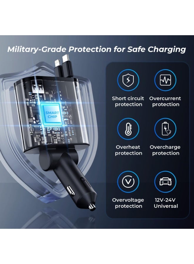 شاحن سيارة فائق السرعة 4 في 1 - محول شحن سريع بقوة 120 واط بمنفذ USB ومنفذ Type C مع كابلات شحن مدمجة للهواتف الذكية والأجهزة المحمولة - أسود - Image 2