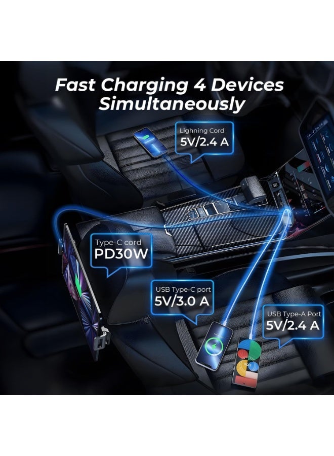 شاحن سيارة فائق السرعة 4 في 1 - محول شحن سريع بقوة 120 واط بمنفذ USB ومنفذ Type C مع كابلات شحن مدمجة للهواتف الذكية والأجهزة المحمولة - أسود - Image 3