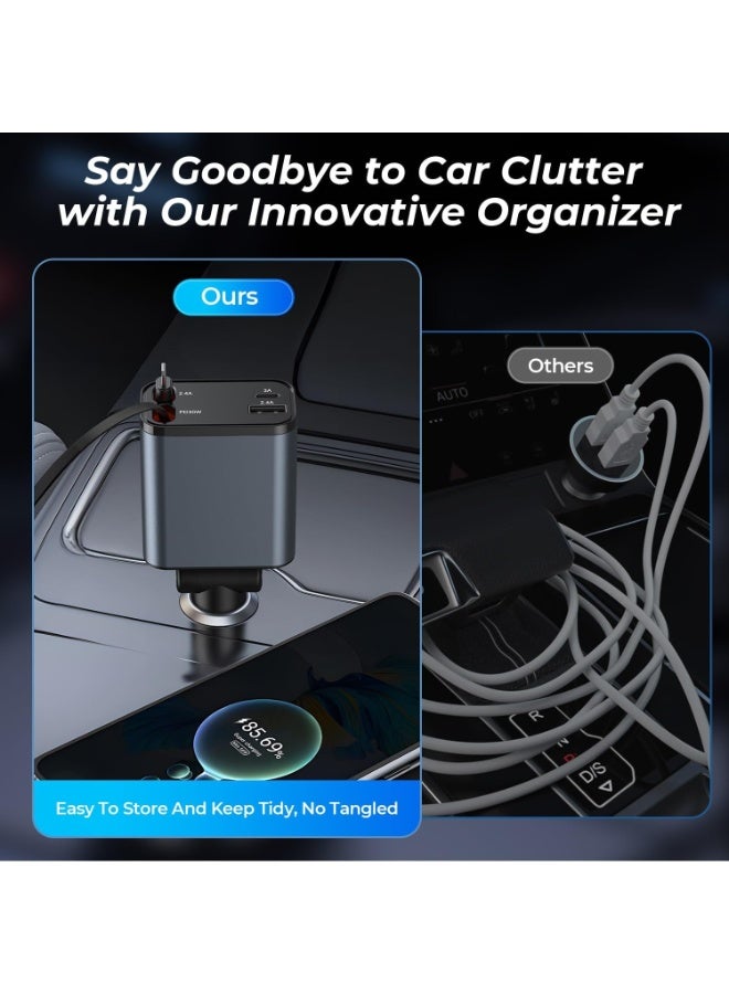 شاحن سيارة فائق السرعة 4 في 1 - محول شحن سريع بقوة 120 واط بمنفذ USB ومنفذ Type C مع كابلات شحن مدمجة للهواتف الذكية والأجهزة المحمولة - أسود - Image 5