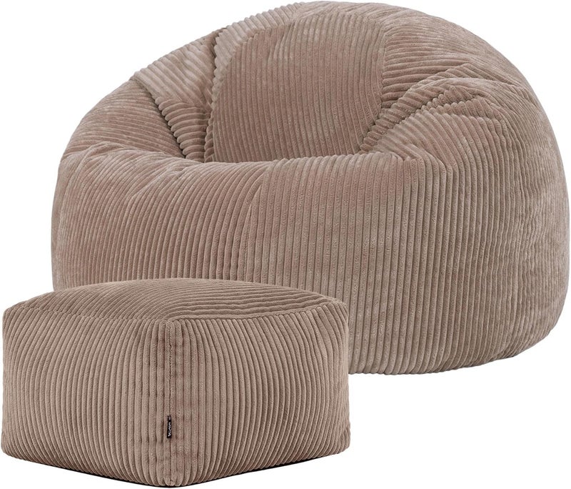 ICON Kingston Cord Bean Bag with Footstool, Mocha Brown, Large Adult Bean Bag Chair with Filling Included, Comfy Chair, Pouffe Footstool, Living Room Furniture, Bedroom Furniture - Image 1