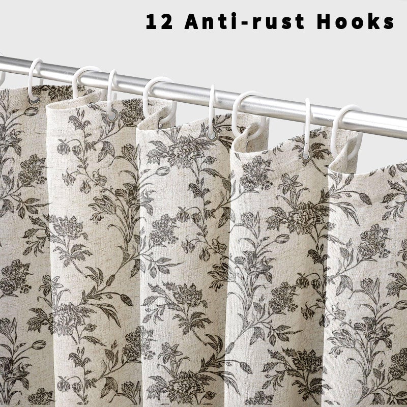 WOUVMA Black Shower Curtain Floral Cotton Linen Cottagecore Shower Curtain for Bathroom 72"" W x 84"" L - Image 3