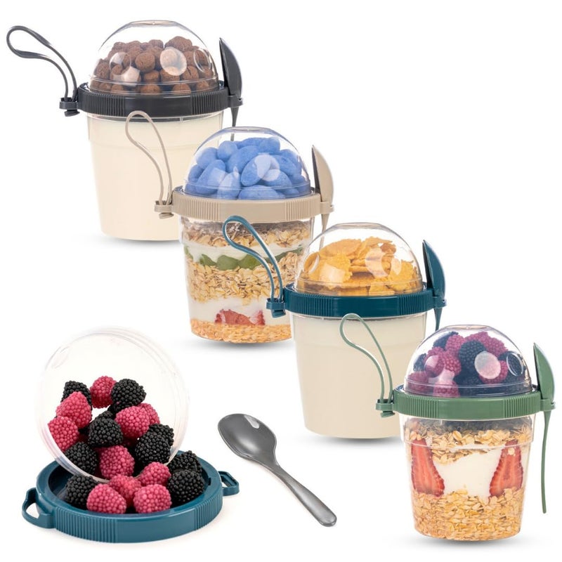 EYNEL On The Go Cereal Yogurt Cups with Lids and Spoon, Reusable Parfait Plastic Milk Breakfast Crunch Granola Oatmeal Smoothie Snack Prep Bowl (4 Colors Set With Handle, 17 oz) - Image 1