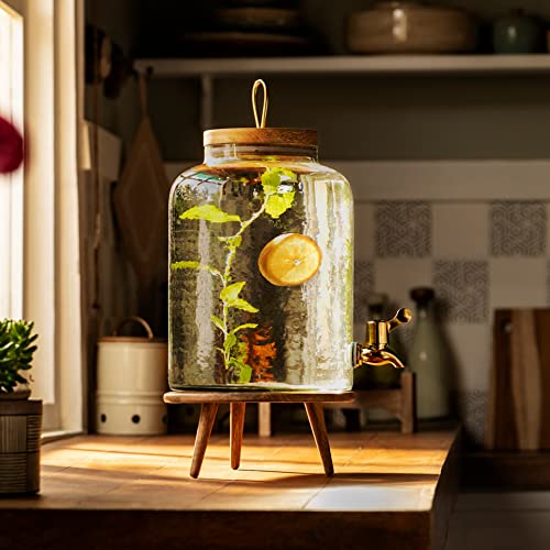Ellementry Transparent 6.8L Glass Water Iced Drink Dispenser Jar with Tap,Wooden Lid - Cold Beverage Dispenser for Beer, Detox Water, Soda, Lime Juice, Perfect Pitcher for Home, Parties & Events - Image 1