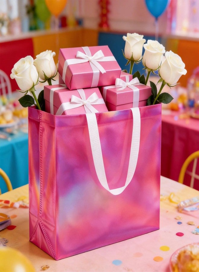 PHOGARY 15Pcs Reusable Gift Bags with Handle, Iridescent Glossy Pink Gift Bag Bulk, Goodie Grocery Shopping Bag for Birthday Wedding Bridal Bachelorette Party Favor Bags, Non-woven Fabric - Image 3