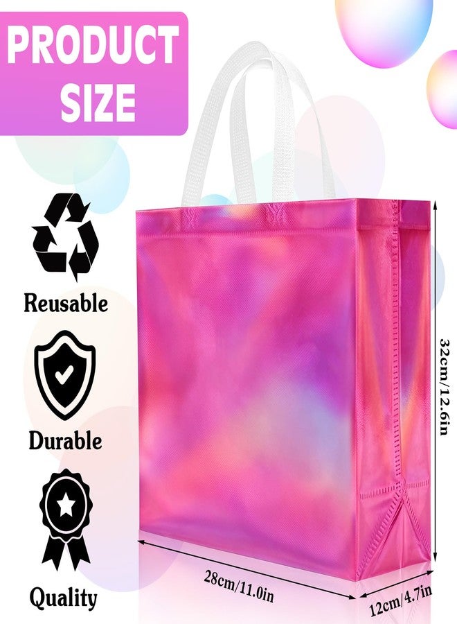 PHOGARY 15Pcs Reusable Gift Bags with Handle, Iridescent Glossy Pink Gift Bag Bulk, Goodie Grocery Shopping Bag for Birthday Wedding Bridal Bachelorette Party Favor Bags, Non-woven Fabric - Image 2