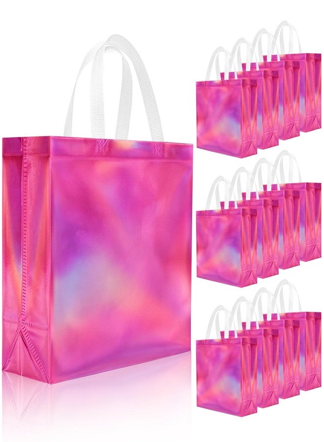 PHOGARY 15Pcs Reusable Gift Bags with Handle, Iridescent Glossy Pink Gift Bag Bulk, Goodie Grocery Shopping Bag for Birthday Wedding Bridal Bachelorette Party Favor Bags, Non-woven Fabric - Image 1