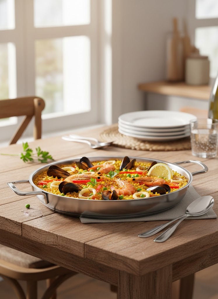 Easy Cooking Stainless Steel Paella Pan with Double Handle 24cm Silver 18/10 (Made in Turkey) - Image 1