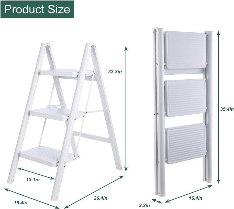 Matiko 3 Step Ladder Iron Folding Ladder Stool Wider Upgraded NonSlip Treads Portable Lightweight Ladder for Home and Kitchen Holds up to 330 Lbs White - Image 3