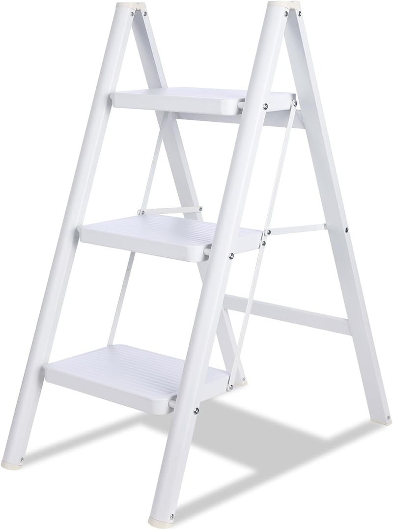 Matiko 3 Step Ladder Iron Folding Ladder Stool Wider Upgraded NonSlip Treads Portable Lightweight Ladder for Home and Kitchen Holds up to 330 Lbs White - Image 1