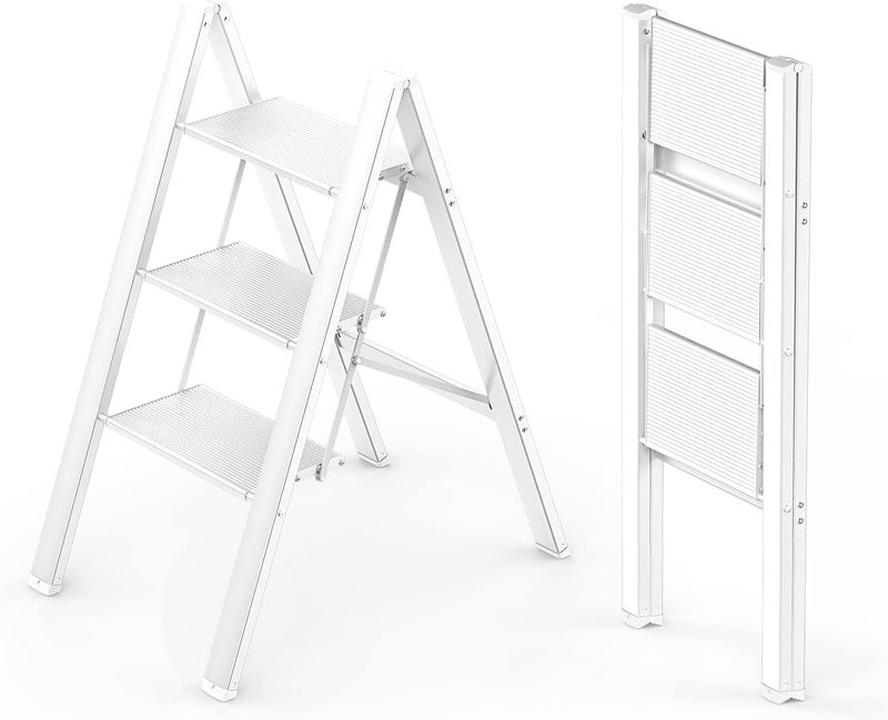 Matiko 3 Step Ladder Iron Folding Ladder Stool Wider Upgraded NonSlip Treads Portable Lightweight Ladder for Home and Kitchen Holds up to 330 Lbs White - Image 2